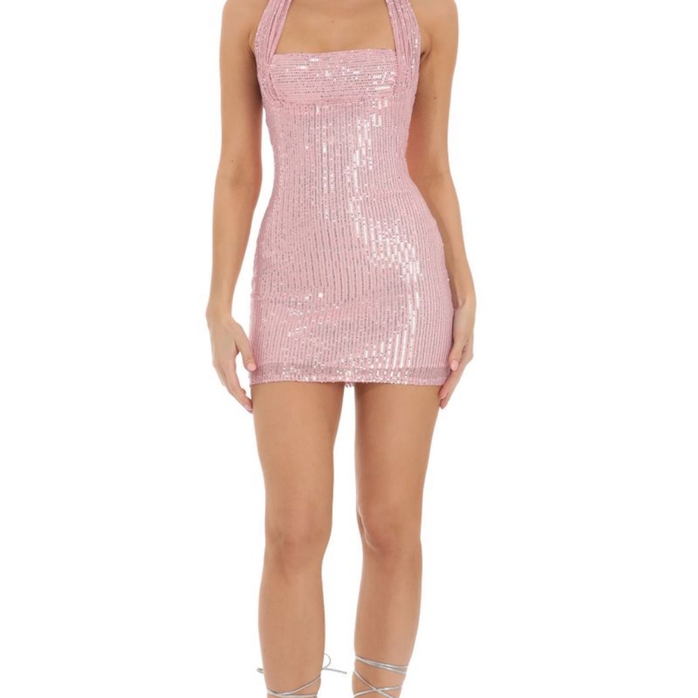 Minnie Sequin Halter Dress in Pink